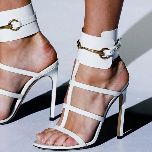 FSJ Shoes - FSJ White Open Toe Stiletto Heels Horsebit Buckle Ankle Strap Sandals